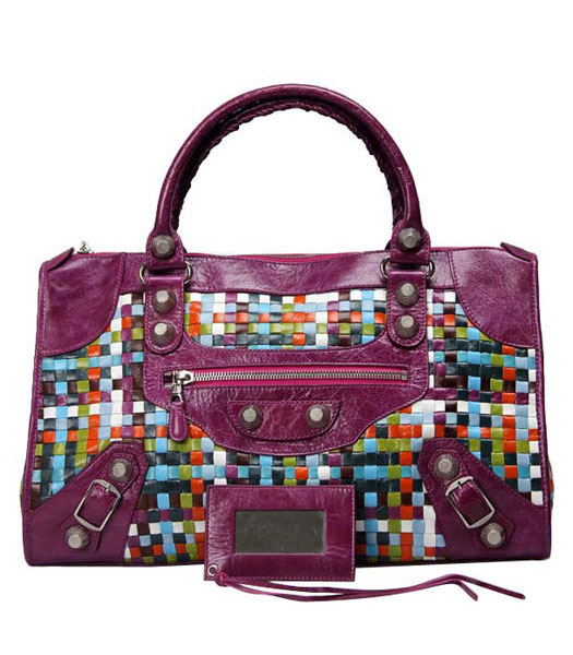 Balenciaga Grande Multicolor Woven Bag in Medio cuoio viola
